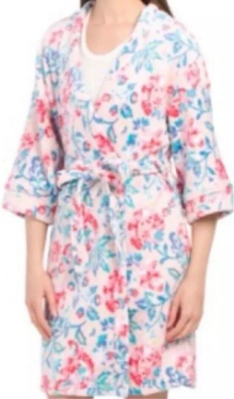 Artology Women’s Floral Tie Closure Robe Plush Pink Green White Size Medium NWT