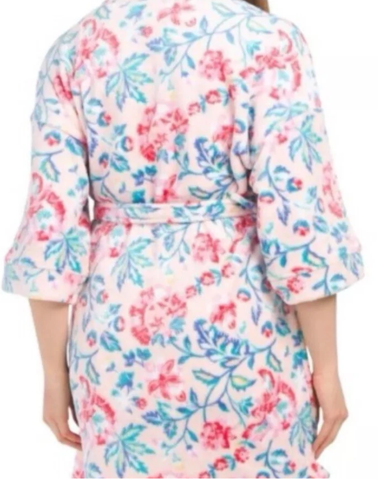 Artology Women’s Floral Tie Closure Robe Plush Pink Green White Size Medium NWT