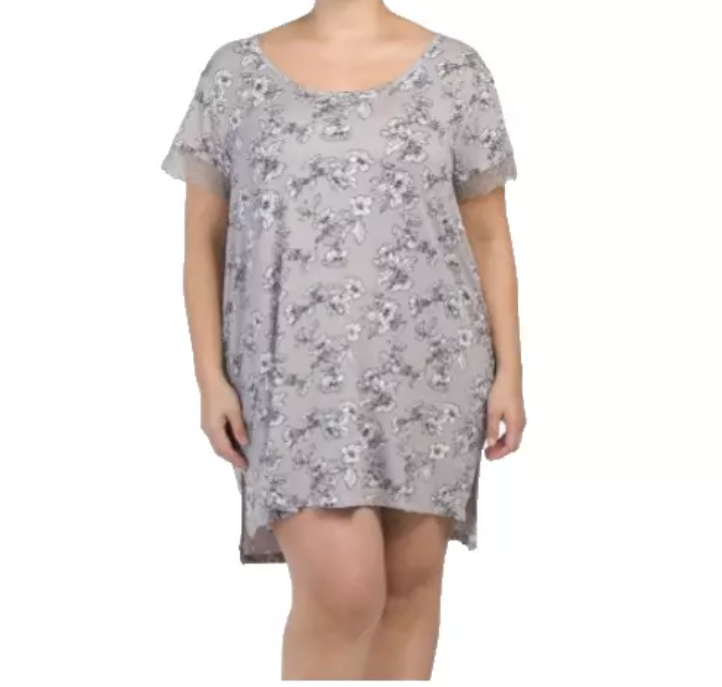 Tahari Women’s Floral Lace Trim HiLo Pullover Night Shirt Grey Black Size 1X NWT