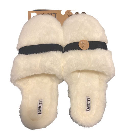 Born Women Faux Fur Lined Slipon Memory Foam Slippers Indoor White Size 9/10
