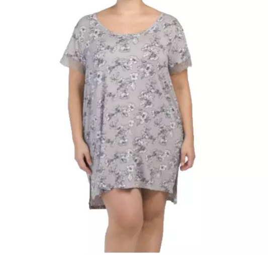 Tahari Women’s Floral Lace Trim HiLo Pullover Night Shirt Grey Black Size 1X NWT